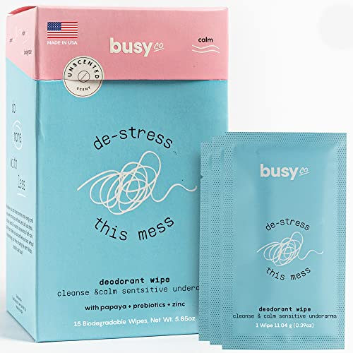 Calm Line Deodorant Wipes - 15ct Unscented Deodorant Wipes for Women w/Zinc, Prebiotics & Papaya - Deodorant Wipes Individually Wrapped - Sweat Wipes for Gentle Brightening, Odor Control & Cleansing