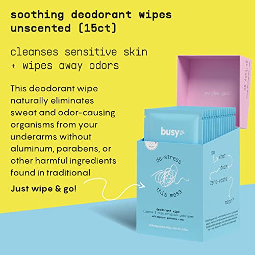 Calm Line Deodorant Wipes - 15ct Unscented Deodorant Wipes for Women w/Zinc, Prebiotics & Papaya - Deodorant Wipes Individually Wrapped - Sweat Wipes for Gentle Brightening, Odor Control & Cleansing